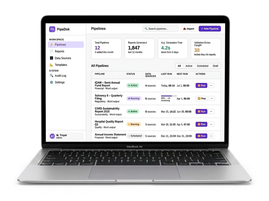 Abstrakte Visualisierung einer Dokumentenpipeline, die Datenquellen mit fertigen Berichten verbindet.