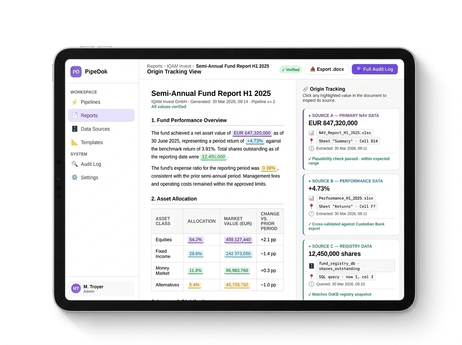 Screenshot der PipeDok Origin-Tracking-Ansicht mit Quellzell-Annotationen in einem generierten Bericht.
