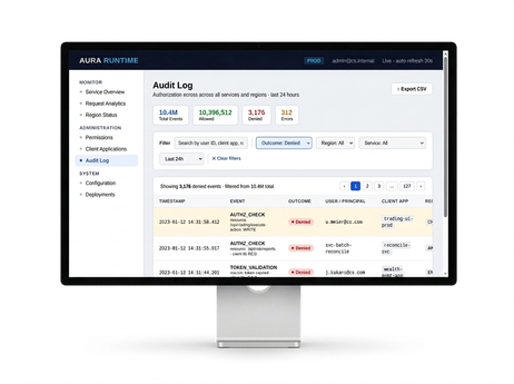 Screenshot des AURA Runtime Audit-Logs mit zeitgestempelten Autorisierungsereignissen und Ergebnis-Filtern.