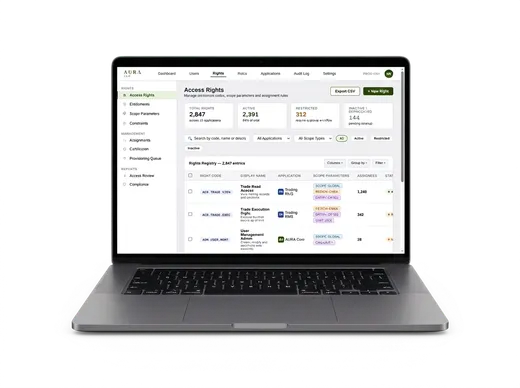 Screenshot der AURA-Rechteverwaltung auf einem Laptop, mit einer Liste von Berechtigungscodes, Scope-Parametern und Statusindikatoren.
