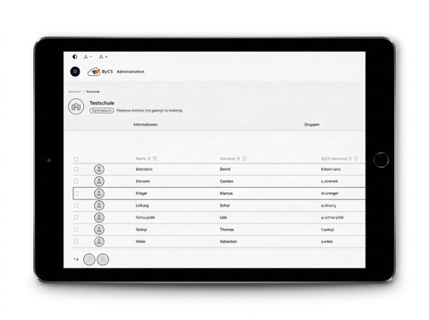 Screenshot der BayernCloud Schule Provisionierungsübersicht mit Echtzeit-Synchronisationsstatus für Drive, Messenger, Exchange, mebis und Keycloak.