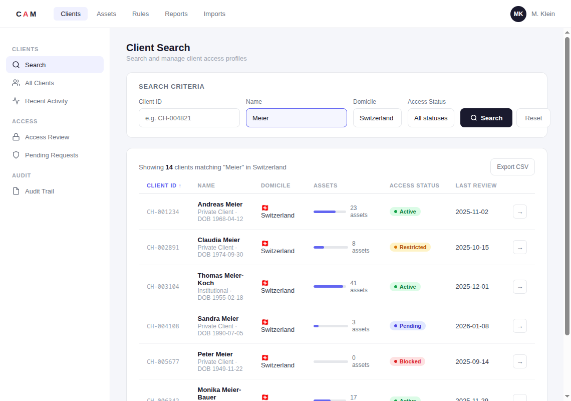 Ein Screenshot der CAM-Kundensuche mit einem Suchformular und einer Ergebnistabelle.