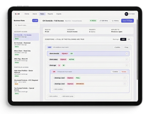 Ein Screenshot des CAM Rule-Engine-Editors mit einem visuellen Regeleditor mit Bedingungen und Logik.