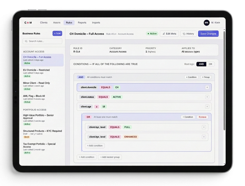 Ein Screenshot des CAM Rule-Engine-Editors mit einem visuellen Regeleditor mit Bedingungen und Logik.