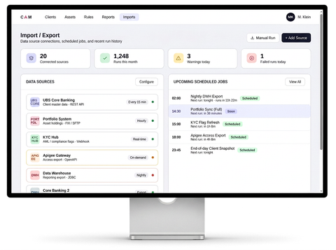 Ein Screenshot der CAM Import/Export-Übersicht mit Datenquellen, geplanten Jobs und aktuellem Ausführungsstatus.