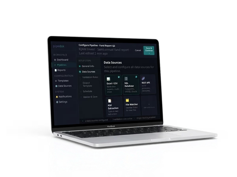 Screenshot von PipeDok mit der Datenquellen-Konfiguration, bei der mehrere Bankexportformate an die Pipeline angebunden sind.