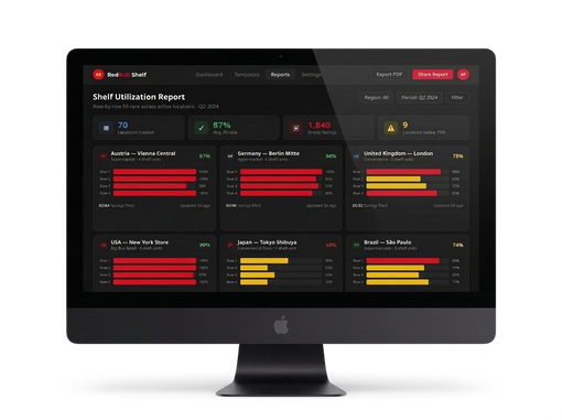 Screenshot des Red-Bull-Regalauslastungsberichts mit reihenweisen Füllraten für verschiedene Standorte weltweit.