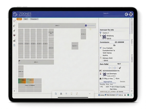 2D-Echtzeit-Visualisierung des Lagergrundrisses in Zoones mit Gängen, Zonen und Lagerplätzen.