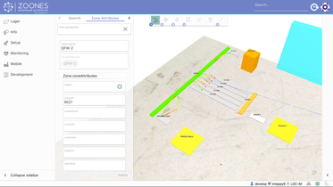 A 3D visualization of a warehouse layout in Zoones showing configurable zones and storage locations.