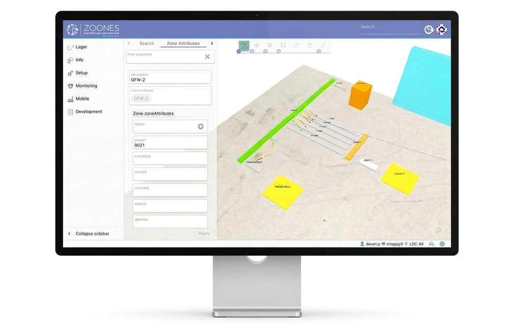3D-Visualisierung eines Lagergrundrisses in Zoones mit konfigurierbaren Zonen, Lagerplätzen und dem Zonen-Attributspanel.